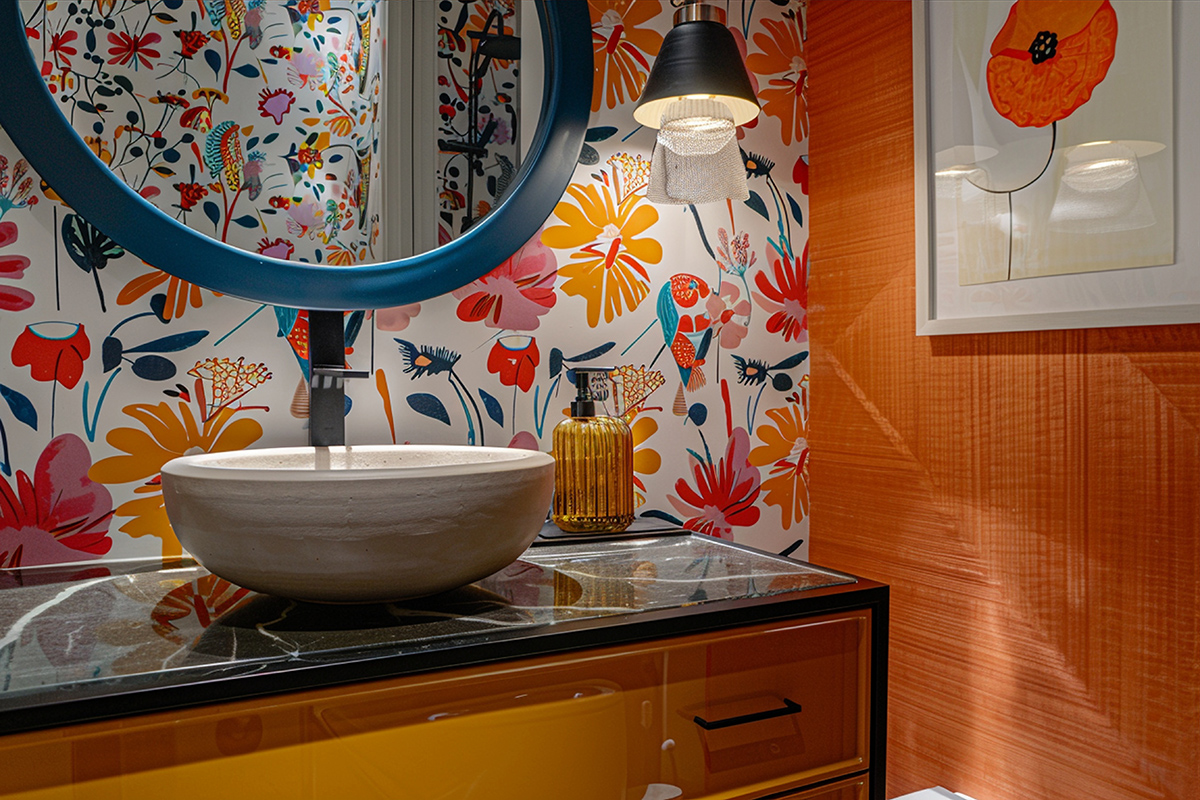 Bathroom Vanity with Wallpaper